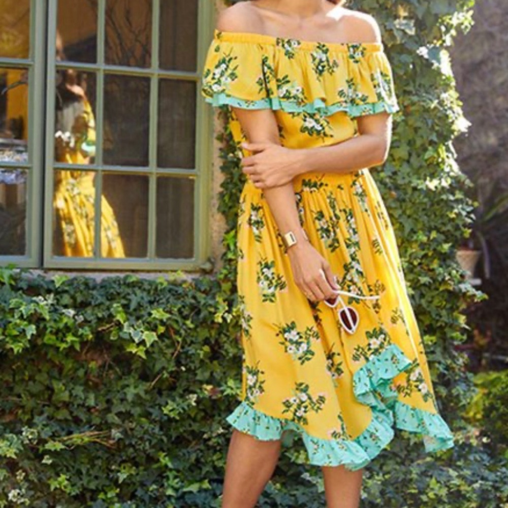 Matilda Jane Small Hooked on Feeling Off Shoulder Dress Yellow Floral